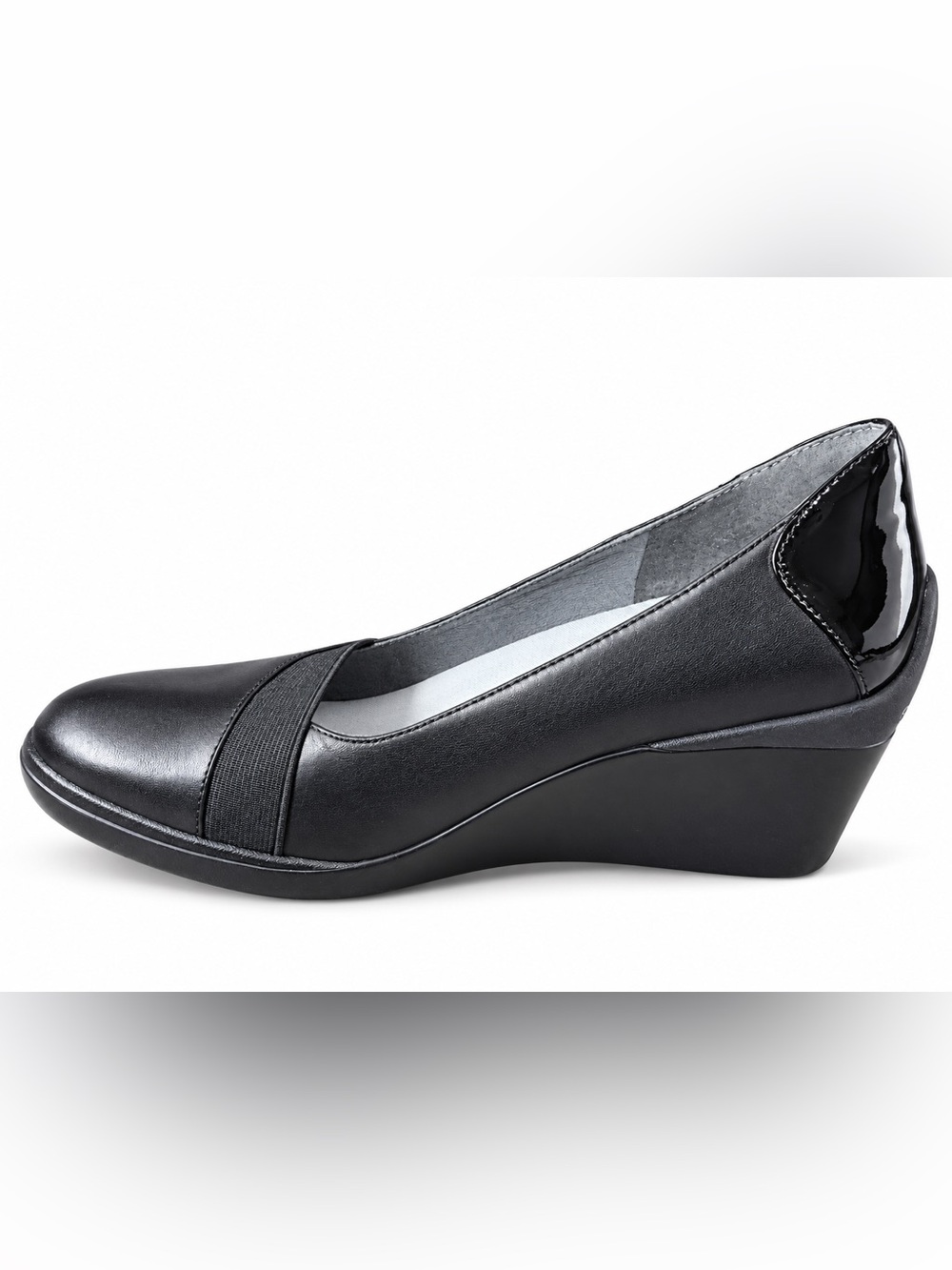 Tsubo Black Leather Elastic-Strap Wedge